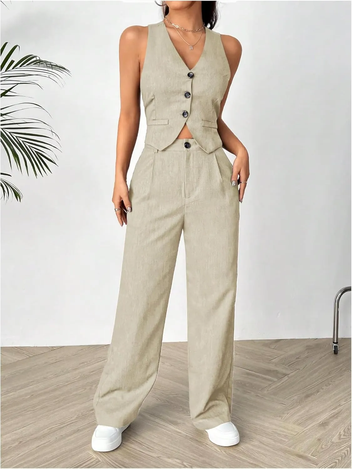 SweatyRocks Women's 2 Piece Solid Sleeveless V Neck Cross Back Button Down Blazer and Pants Business Office Suit Set