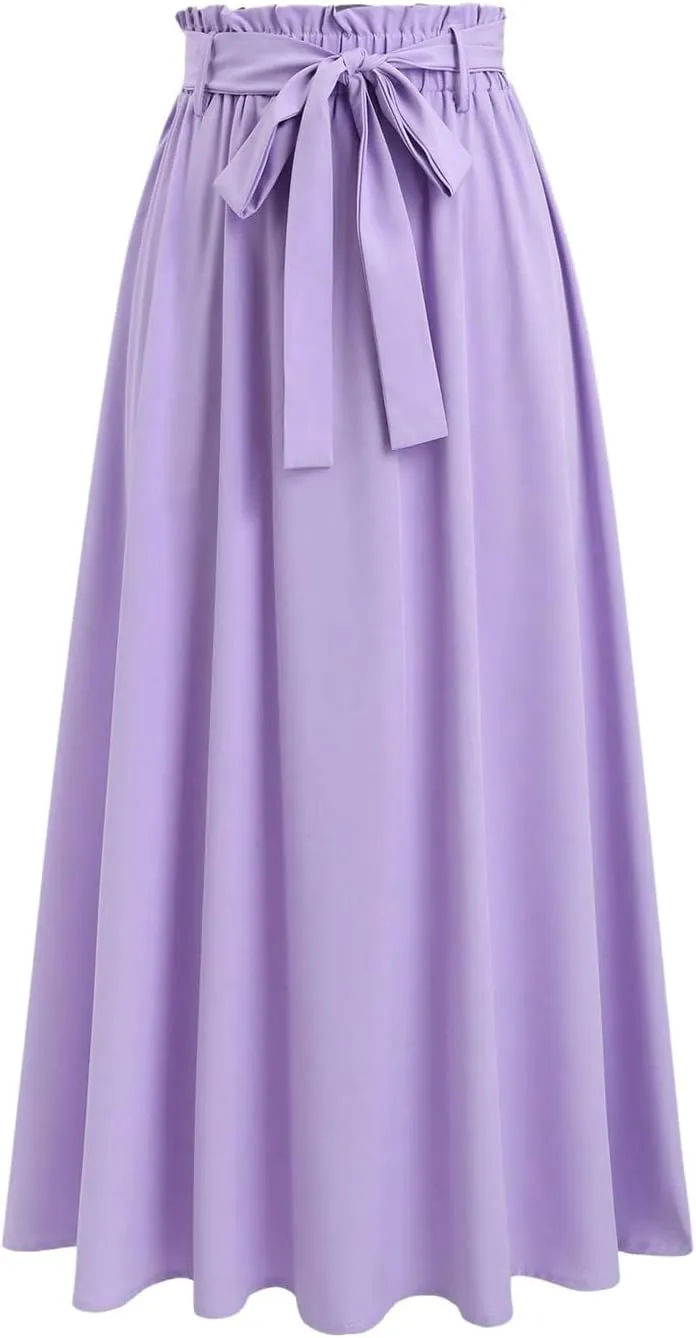 SweatyRocks Women's Paperbag High Waisted Pleated Skirts Elegant Straight Midi Skirt with Belt