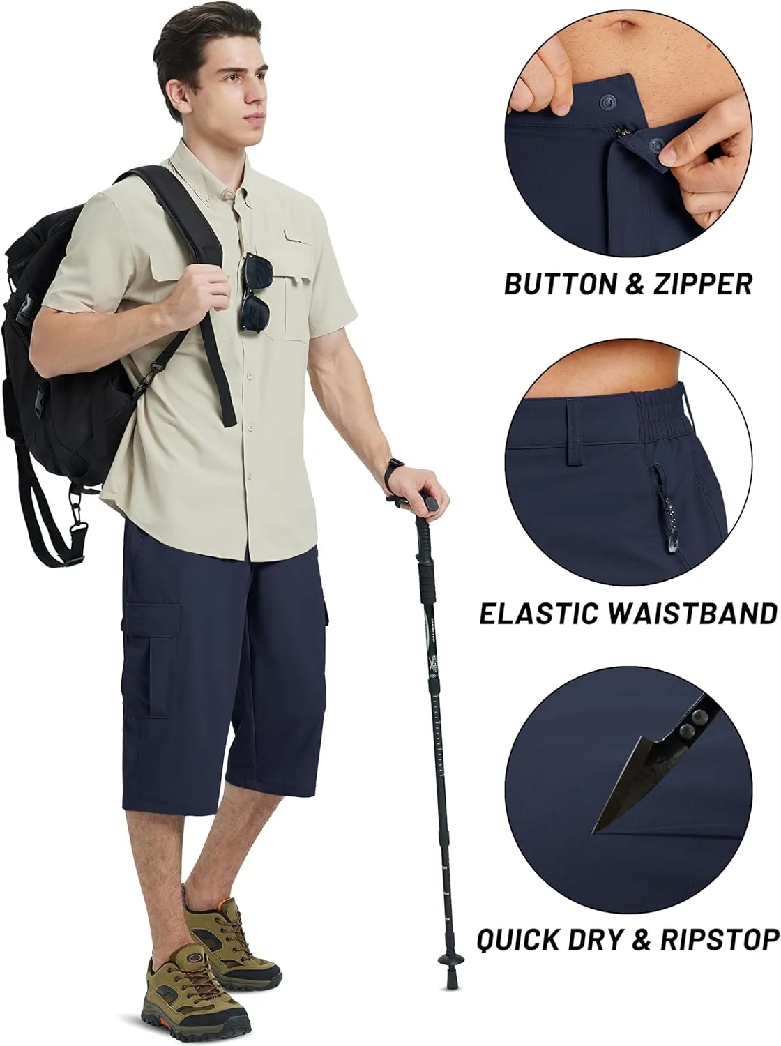 TACVASEN Men's Capri Pants Cargo Long Shorts Quick Dry Lightweight 3/4 Pants Below Knee Summer Hiking Work