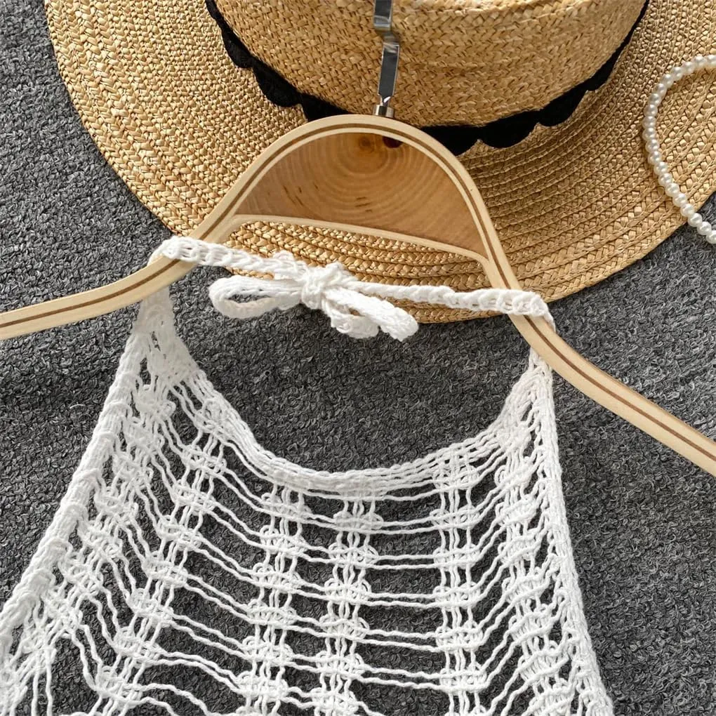 Tank Tops for Women Crop Top Crochet Flower Hollow Out Halterneck Off-Shoulder Beach Camisole Female Tassels Tops