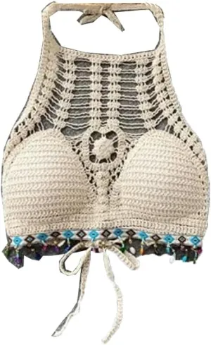 Tank Tops for Women Crop Top Crochet Flower Hollow Out Halterneck Off-Shoulder Beach Camisole Female Tassels Tops