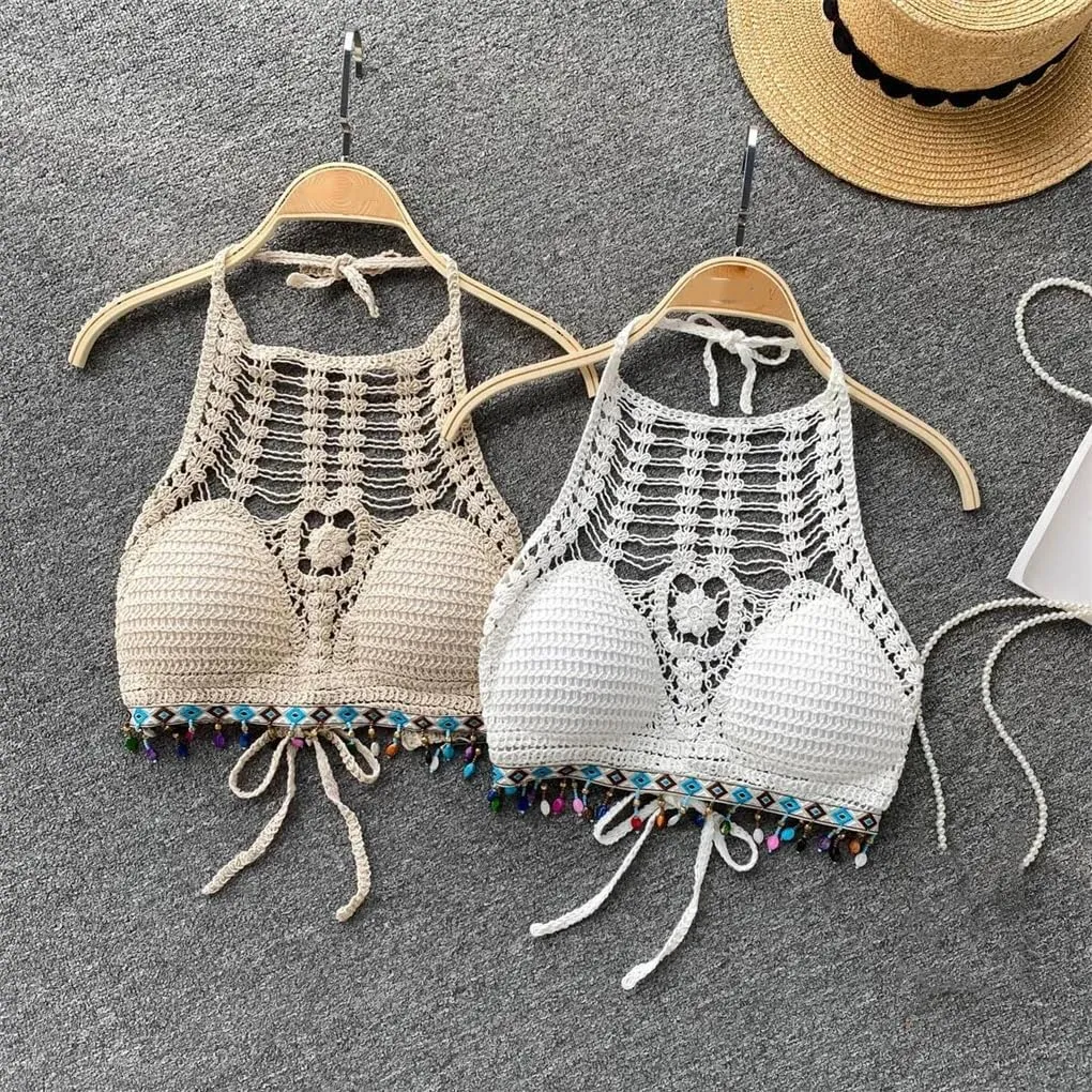 Tank Tops for Women Crop Top Crochet Flower Hollow Out Halterneck Off-Shoulder Beach Camisole Female Tassels Tops