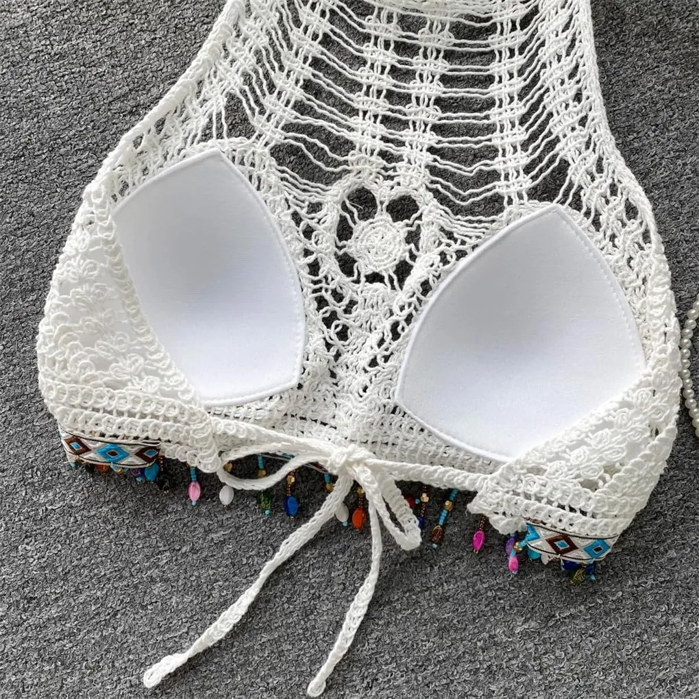 Tank Tops for Women Crop Top Crochet Flower Hollow Out Halterneck Off-Shoulder Beach Camisole Female Tassels Tops