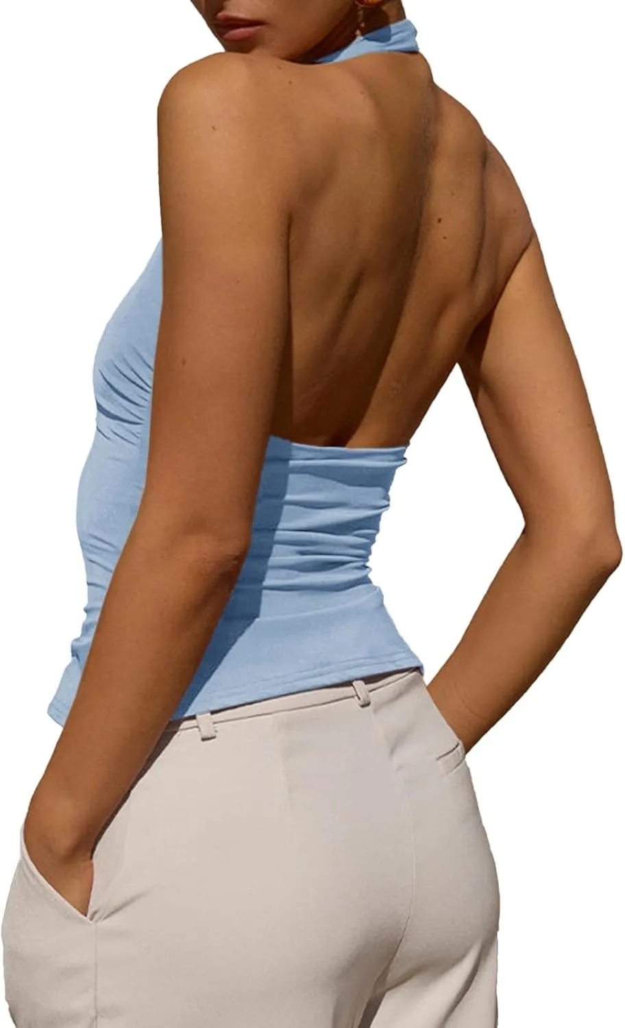 Tankaneo Womens Sexy Scoop Neck Halter Tops Backless Ruched Knit Tank Tops Summer Sleeveless Fitted Going Out Shirts
