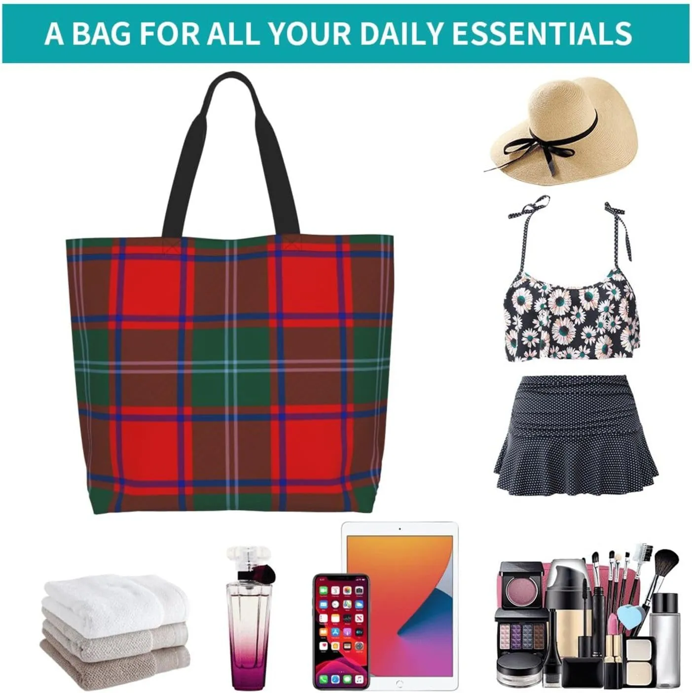 Tartan Tote Bag For Women Weekender Travel Bag Reusable Grocery Bags Large Totes Handbags