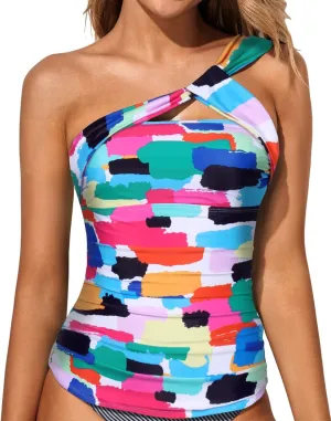 Tempt Me Women Tankini Top Swim Tops Ruched One Shoulder Bathing Suit Swimsuit Tops Only