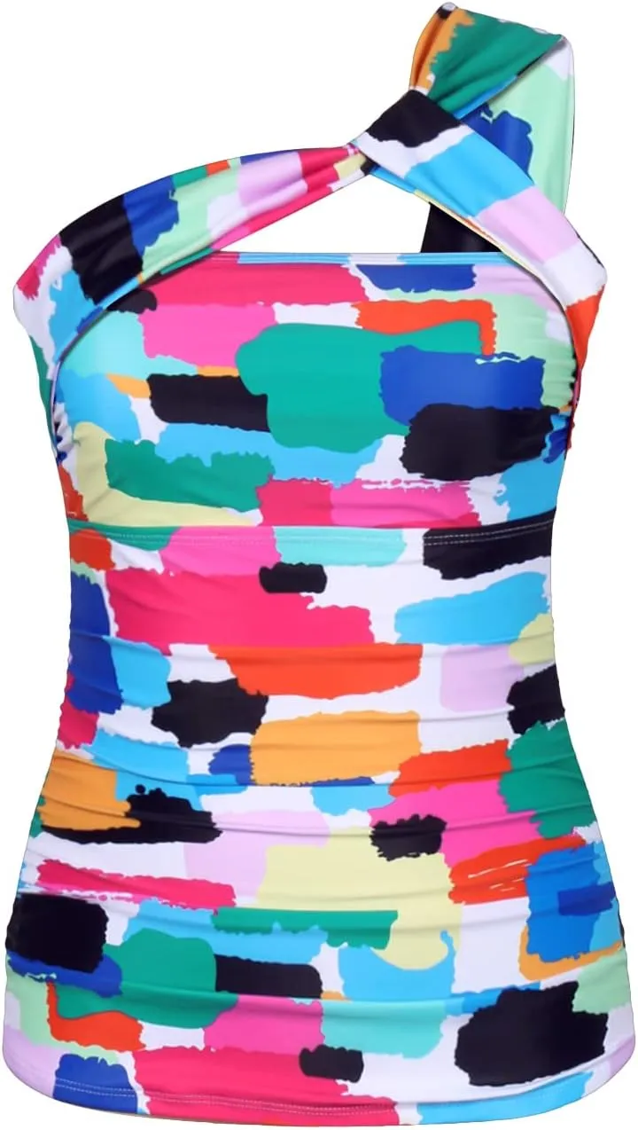 Tempt Me Women Tankini Top Swim Tops Ruched One Shoulder Bathing Suit Swimsuit Tops Only