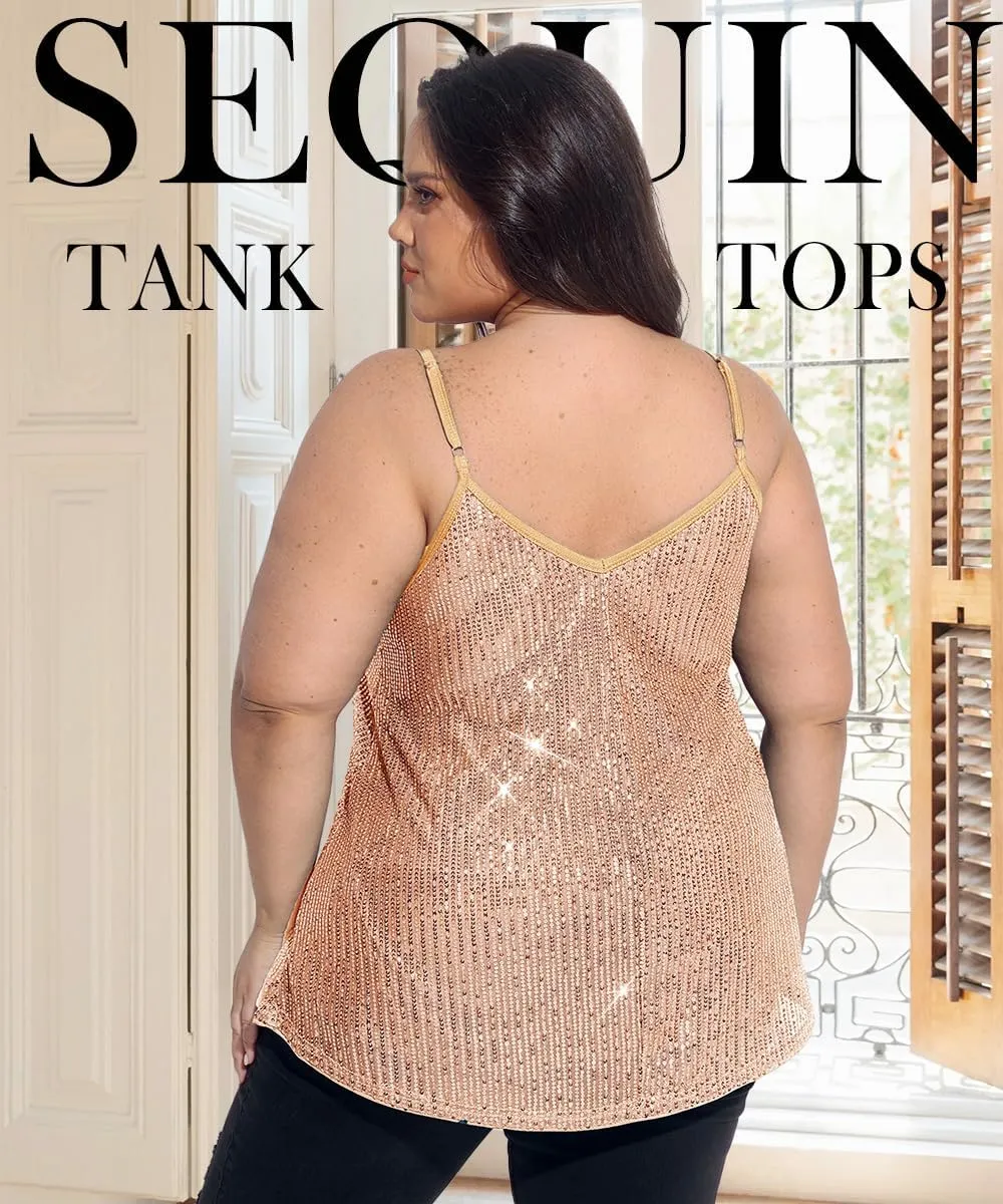 TIYOMI Plus Size Tank Tops for Women Sexy V Neck Strappy Sequin Sparkle Shimmer Camisole Glitter Party Sleeveless Tops