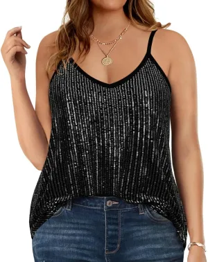 TIYOMI Plus Size Tank Tops for Women Sexy V Neck Strappy Sequin Sparkle Shimmer Camisole Glitter Party Sleeveless Tops