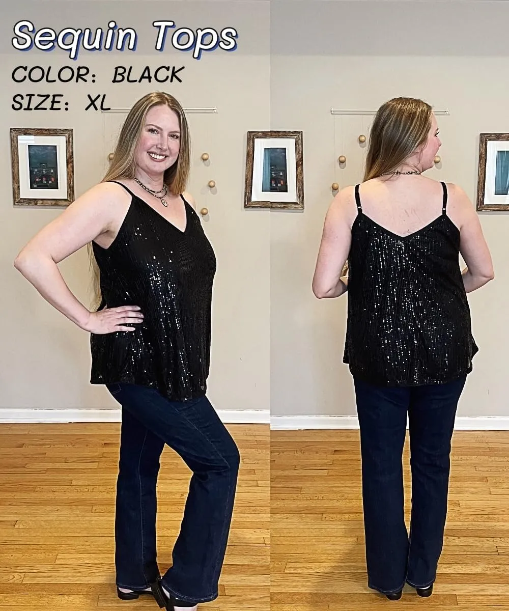 TIYOMI Plus Size Tank Tops for Women Sexy V Neck Strappy Sequin Sparkle Shimmer Camisole Glitter Party Sleeveless Tops