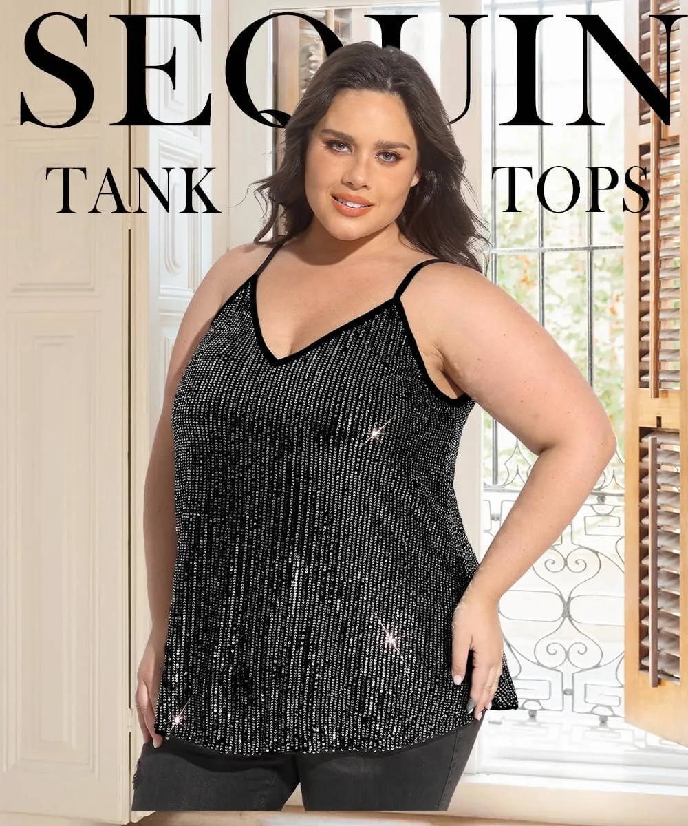 TIYOMI Plus Size Tank Tops for Women Sexy V Neck Strappy Sequin Sparkle Shimmer Camisole Glitter Party Sleeveless Tops