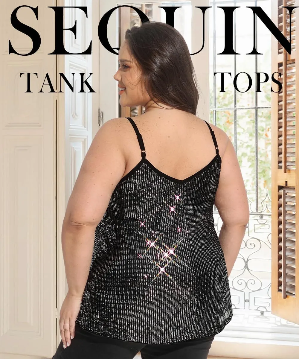 TIYOMI Plus Size Tank Tops for Women Sexy V Neck Strappy Sequin Sparkle Shimmer Camisole Glitter Party Sleeveless Tops