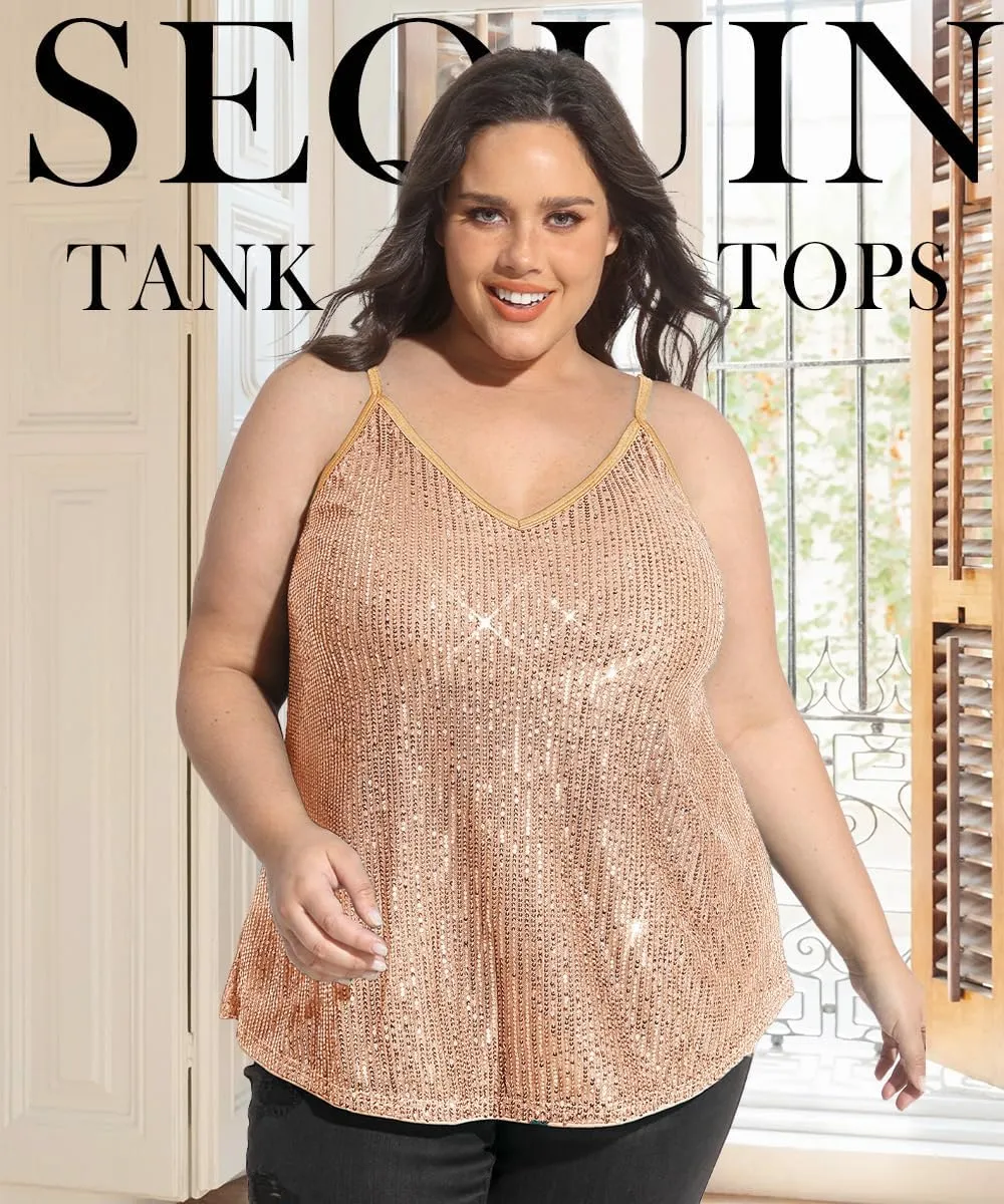 TIYOMI Plus Size Tank Tops for Women Sexy V Neck Strappy Sequin Sparkle Shimmer Camisole Glitter Party Sleeveless Tops