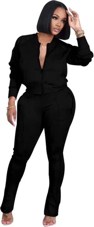 TOPSRANI Women Two Piece Outfits Casual Sweatsuits Bodycon Tracksuit Solid Sweat Suit Zip Crop Jacket Matching Pants Set
