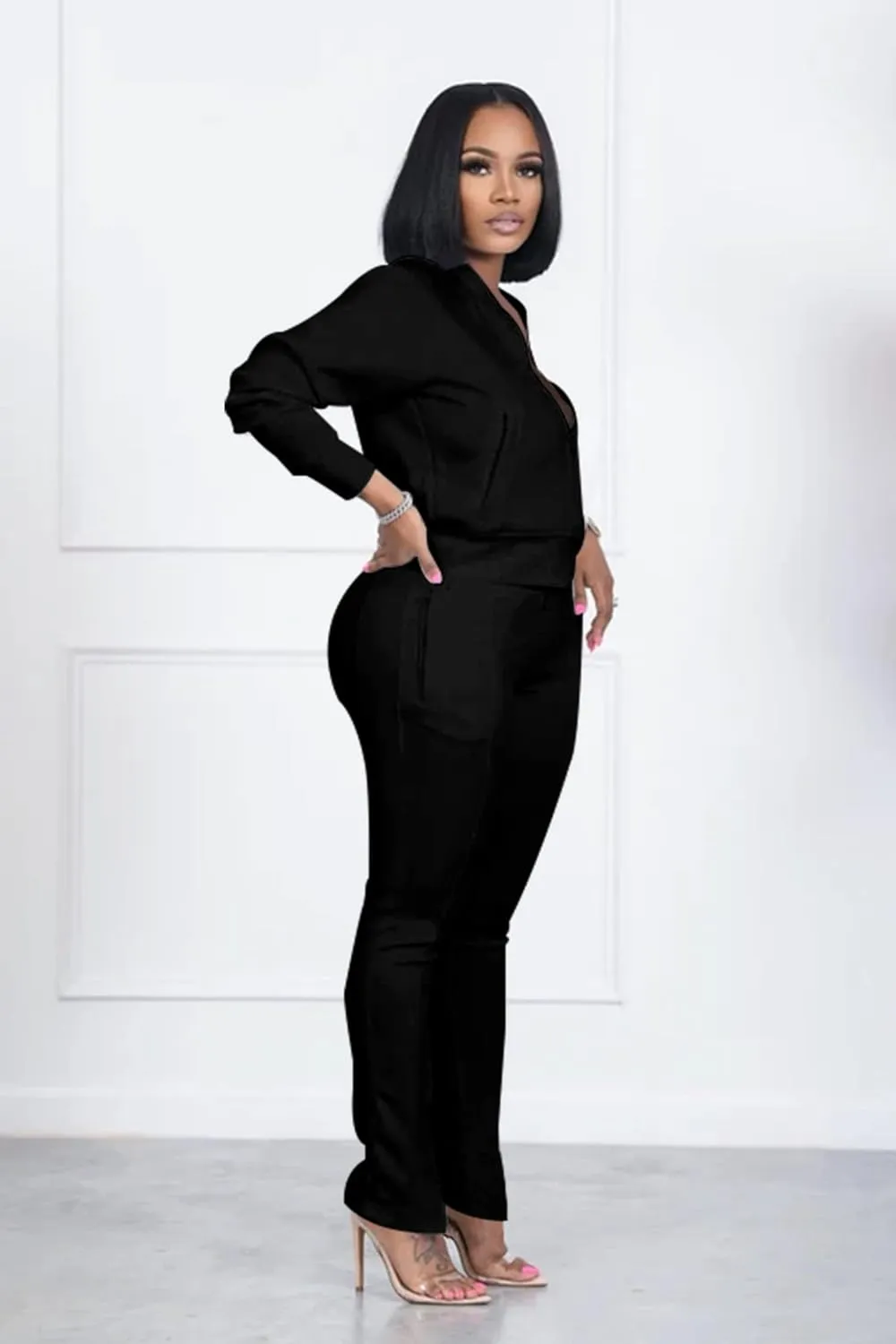 TOPSRANI Women Two Piece Outfits Casual Sweatsuits Bodycon Tracksuit Solid Sweat Suit Zip Crop Jacket Matching Pants Set