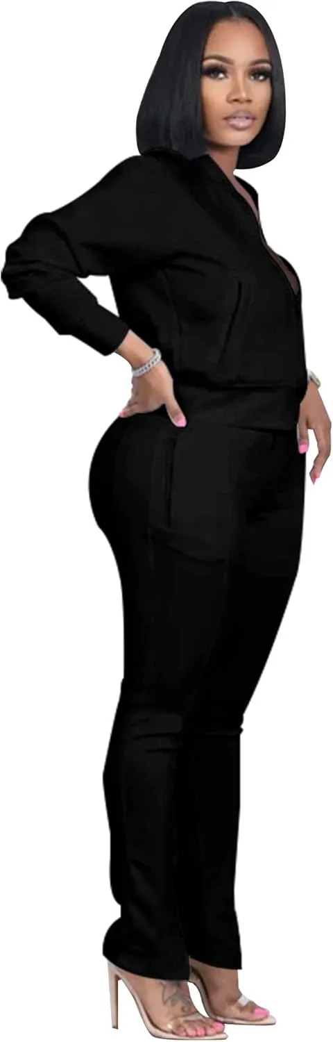 TOPSRANI Women Two Piece Outfits Casual Sweatsuits Bodycon Tracksuit Solid Sweat Suit Zip Crop Jacket Matching Pants Set