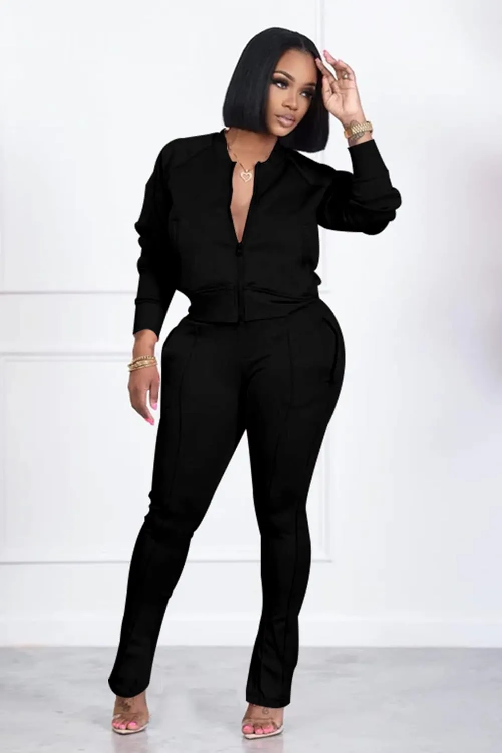 TOPSRANI Women Two Piece Outfits Casual Sweatsuits Bodycon Tracksuit Solid Sweat Suit Zip Crop Jacket Matching Pants Set