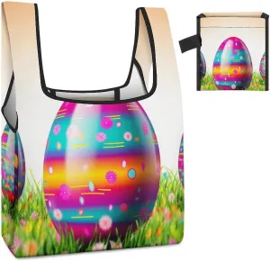 Tote Bag Reusable Grocery Bag Foldable Shopping Bag Colorful Easter Egg Extra Large Shoulder Bag Canvas Tote Bag for Travel Work