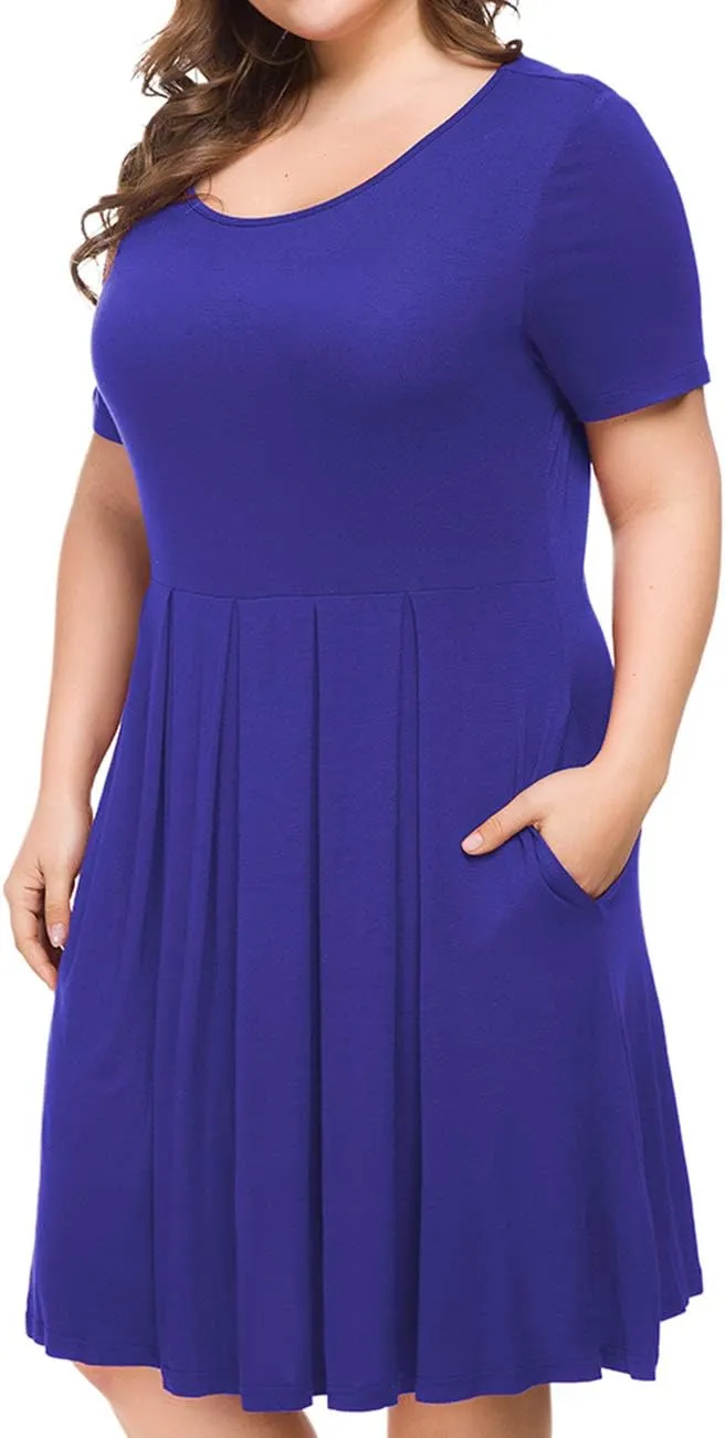 Tralilbee Women's Plus Size Short Sleeve Dress Casual Pleated Swing Dresses with Pockets