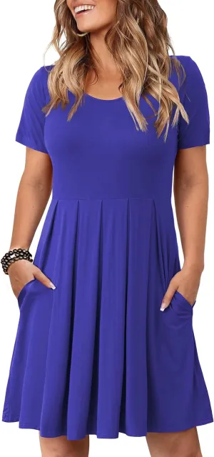 Tralilbee Women's Plus Size Short Sleeve Dress Casual Pleated Swing Dresses with Pockets