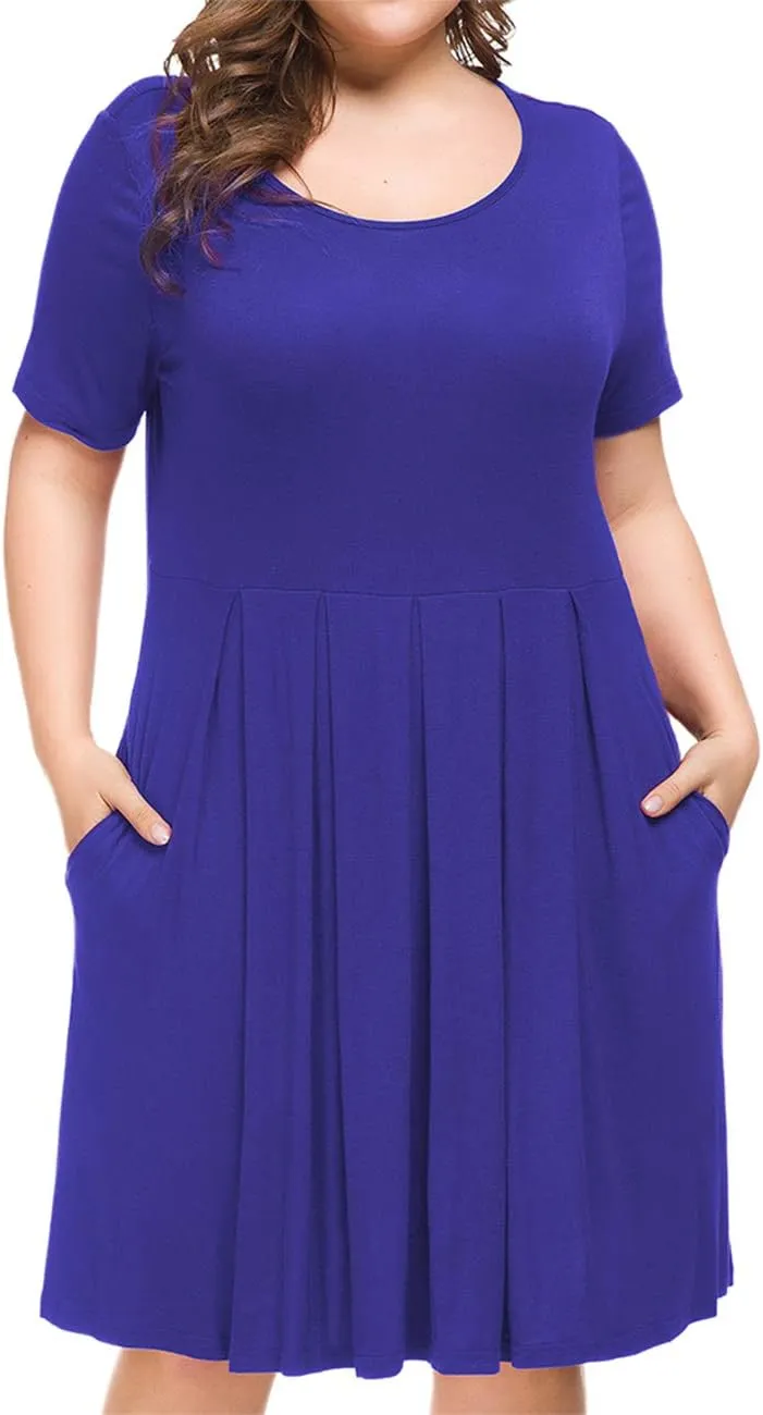Tralilbee Women's Plus Size Short Sleeve Dress Casual Pleated Swing Dresses with Pockets