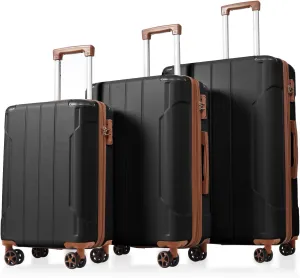 Travel with 3-Piece Expandable Hard Shell Luggage Set, Lightweight ABS with Double Spinner Wheels, Black Brown