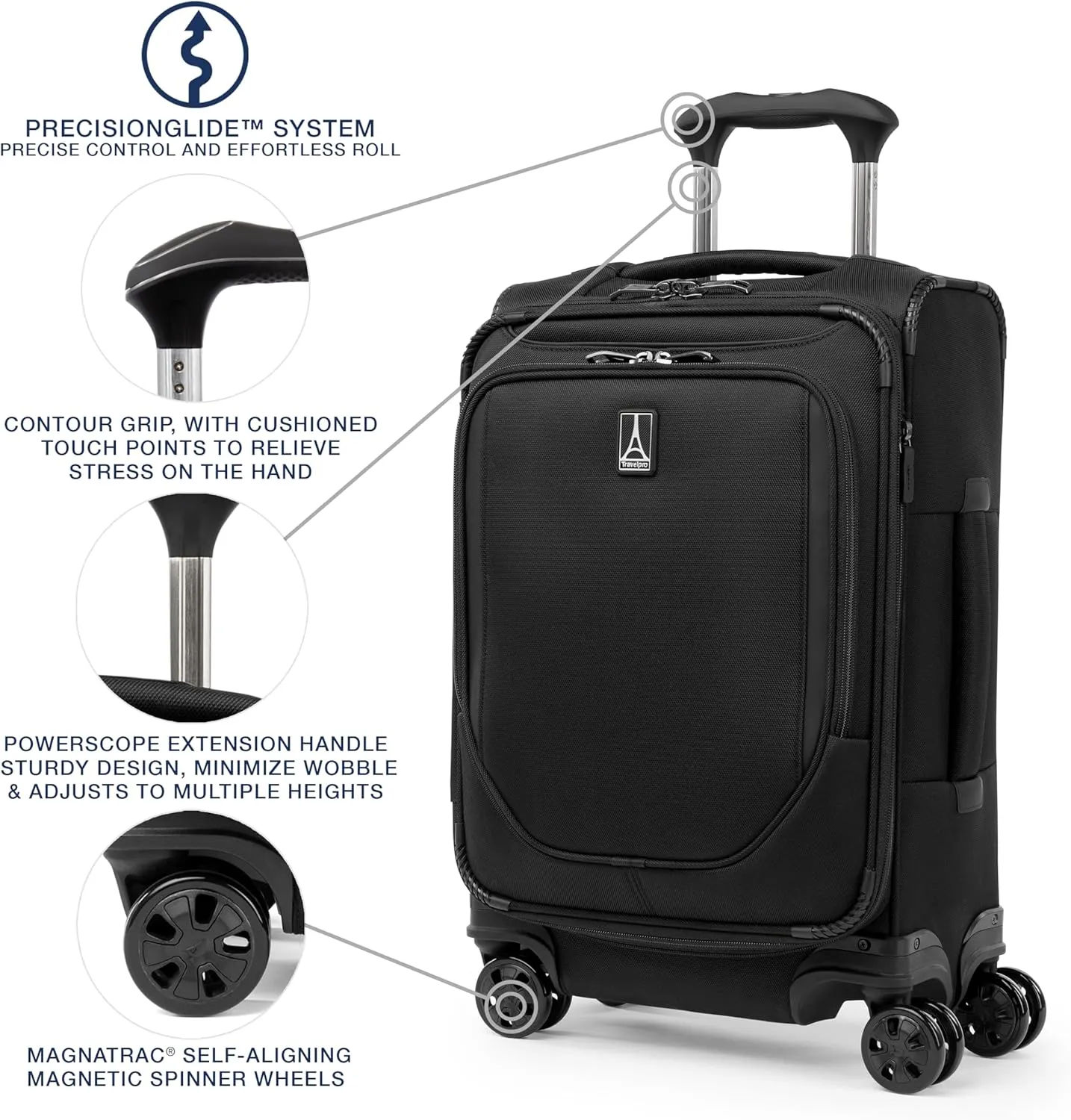 Travelpro Crew Classic Lightweight Softside Expandable Carry on Luggage, 8 Wheel Spinner Suitcase, Men and Women, Compact Carry On 20-Inch, Black