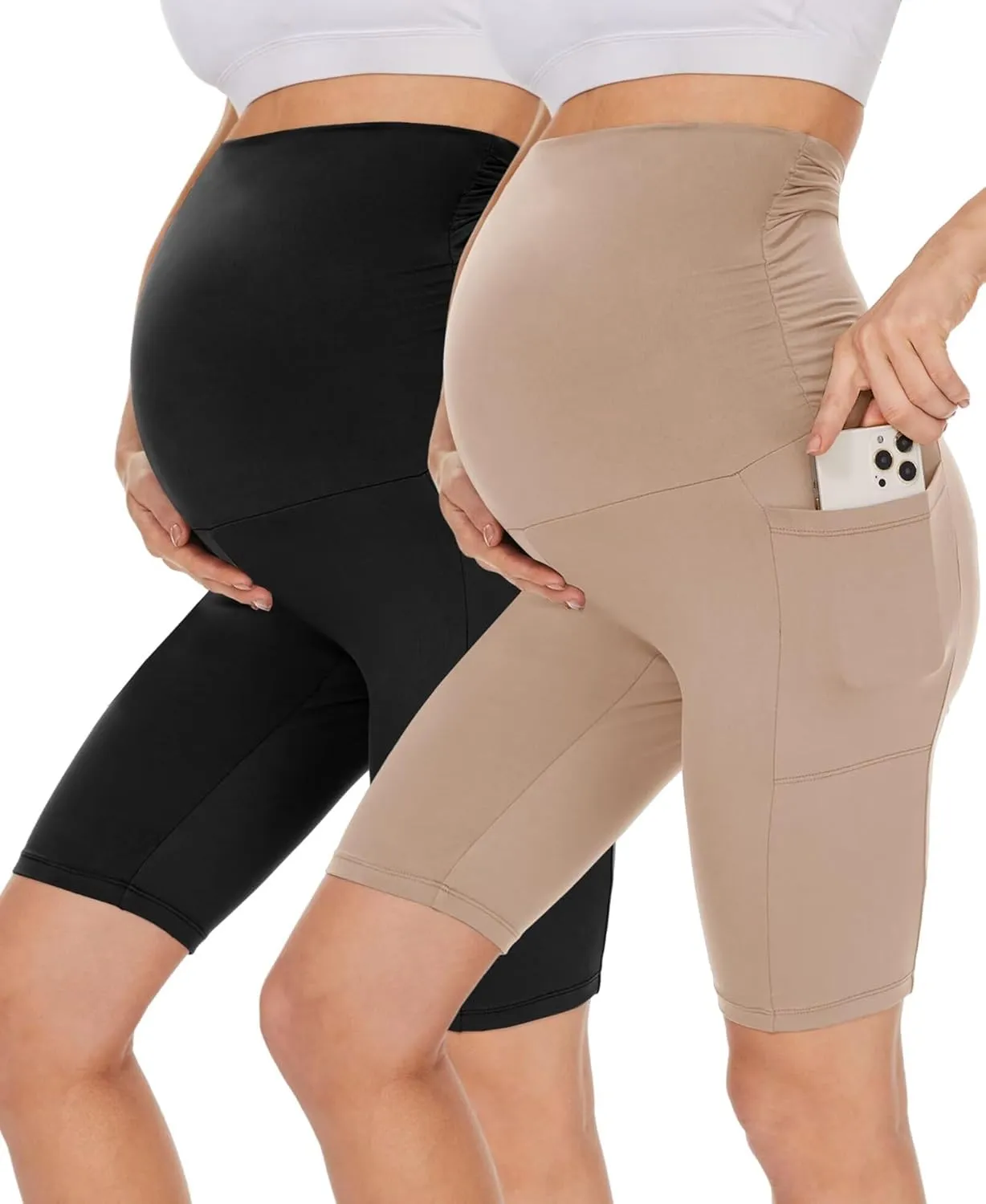 UBCUTE 2 Pack Women's Maternity Biker Shorts with Pockets-High Waist Black Workout Yoga Comfy Pregnancy Pants Over Belly