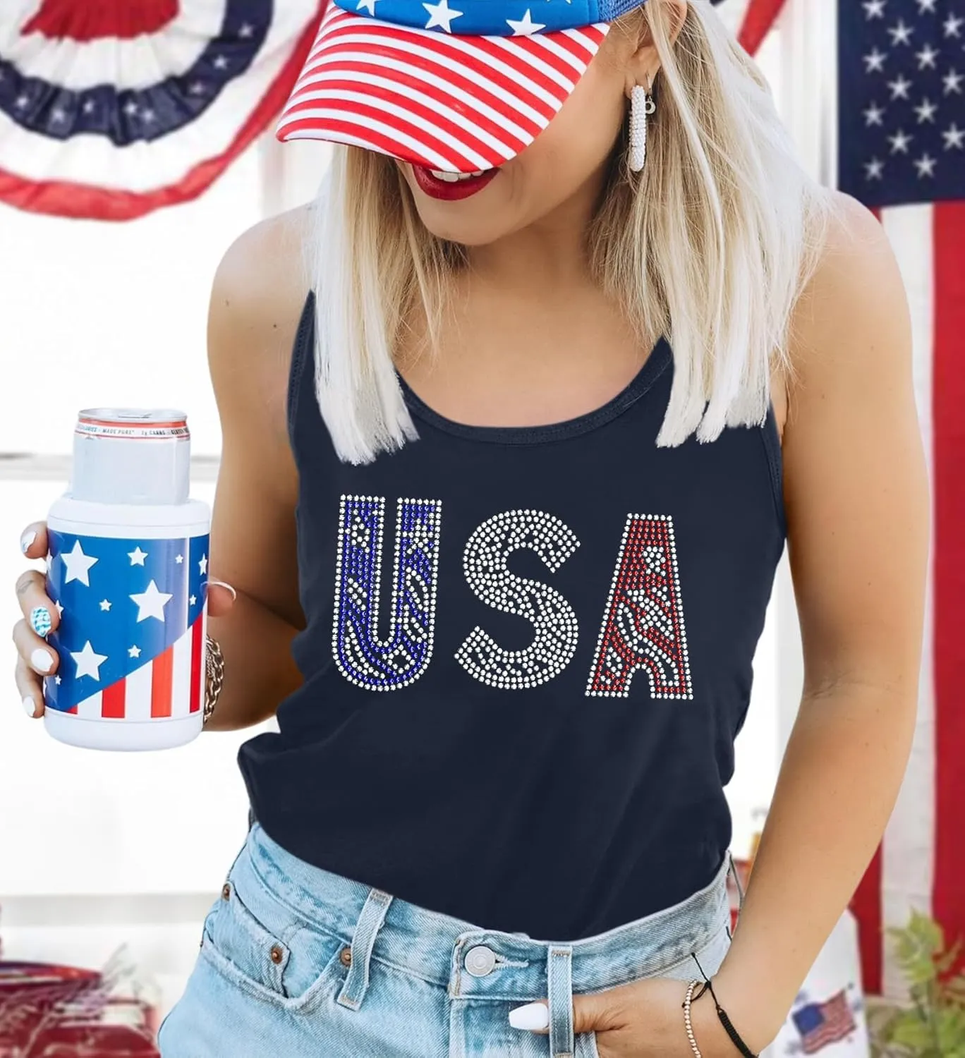 USA Tank Tops Women: Flag Sequin Tank Patriotic Shirts 4th of July Sleeveless T Shirt Summer Casual Bling Tops