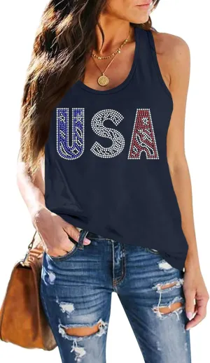 USA Tank Tops Women: Flag Sequin Tank Patriotic Shirts 4th of July Sleeveless T Shirt Summer Casual Bling Tops