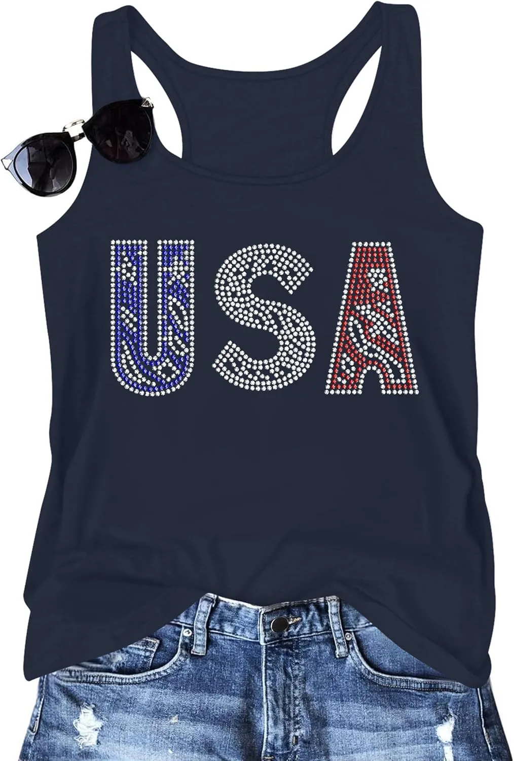 USA Tank Tops Women: Flag Sequin Tank Patriotic Shirts 4th of July Sleeveless T Shirt Summer Casual Bling Tops