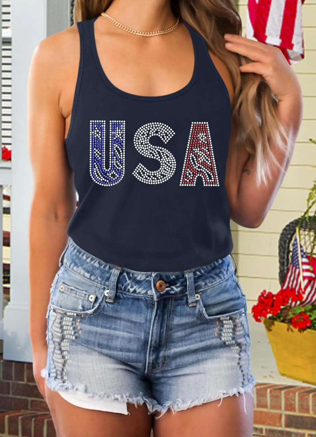 USA Tank Tops Women: Flag Sequin Tank Patriotic Shirts 4th of July Sleeveless T Shirt Summer Casual Bling Tops