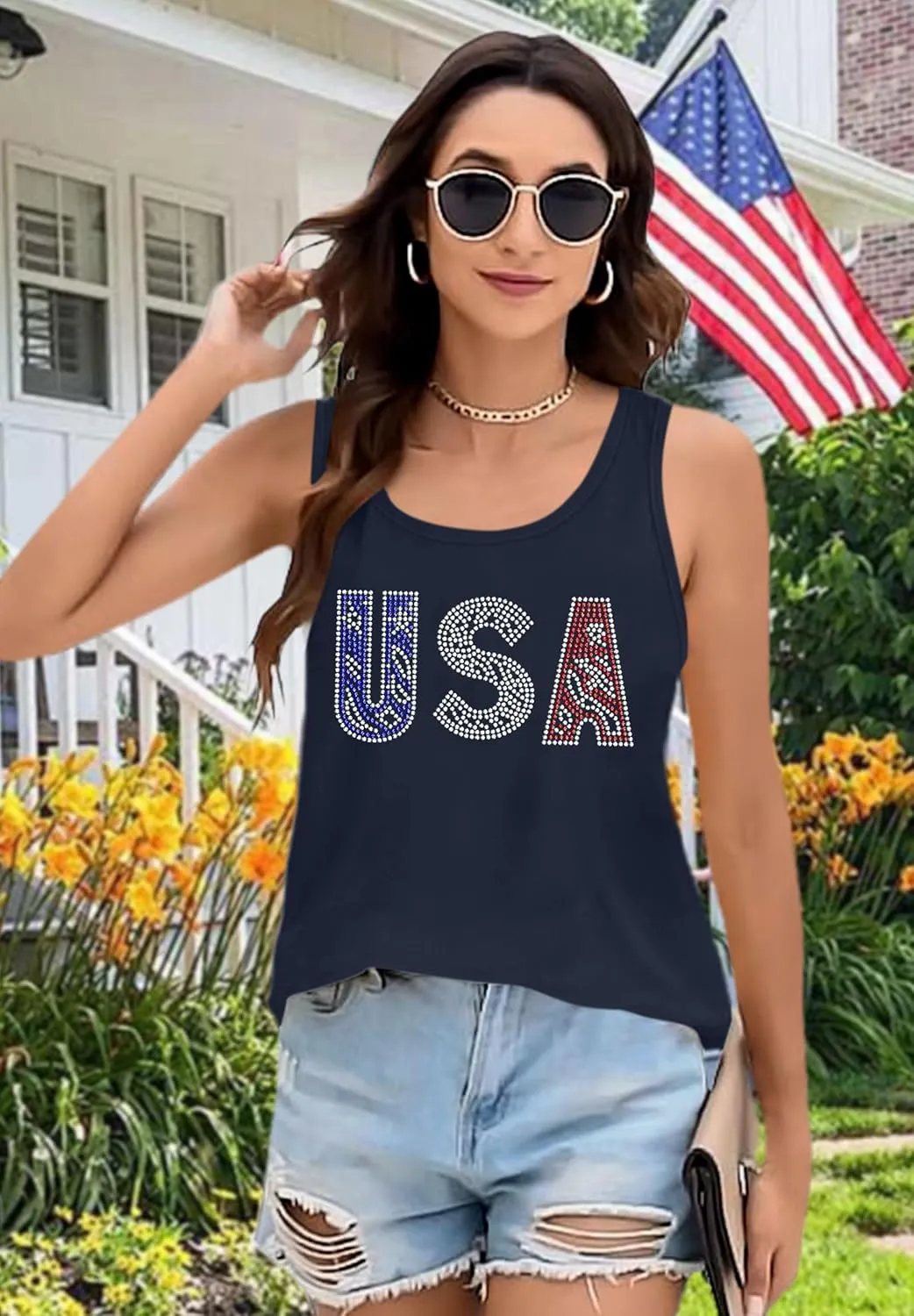 USA Tank Tops Women: Flag Sequin Tank Patriotic Shirts 4th of July Sleeveless T Shirt Summer Casual Bling Tops