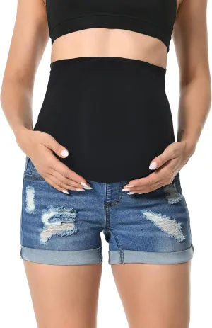 V VOCNI Maternity Denim Shorts Women's Summer High Waist Distressed Cuffed Hem Casual Denim Jeans Short
