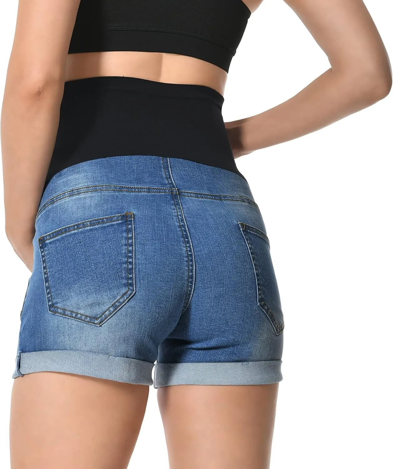 V VOCNI Maternity Denim Shorts Women's Summer High Waist Distressed Cuffed Hem Casual Denim Jeans Short