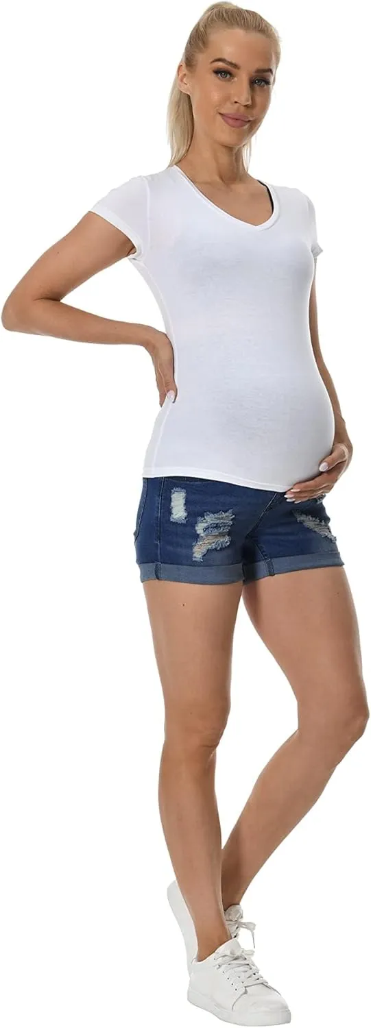 V VOCNI Maternity Denim Shorts Women's Summer High Waist Distressed Cuffed Hem Casual Denim Jeans Short
