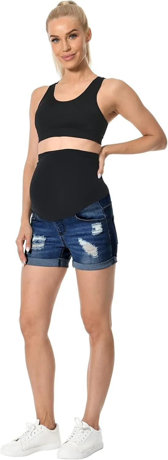 V VOCNI Maternity Denim Shorts Women's Summer High Waist Distressed Cuffed Hem Casual Denim Jeans Short