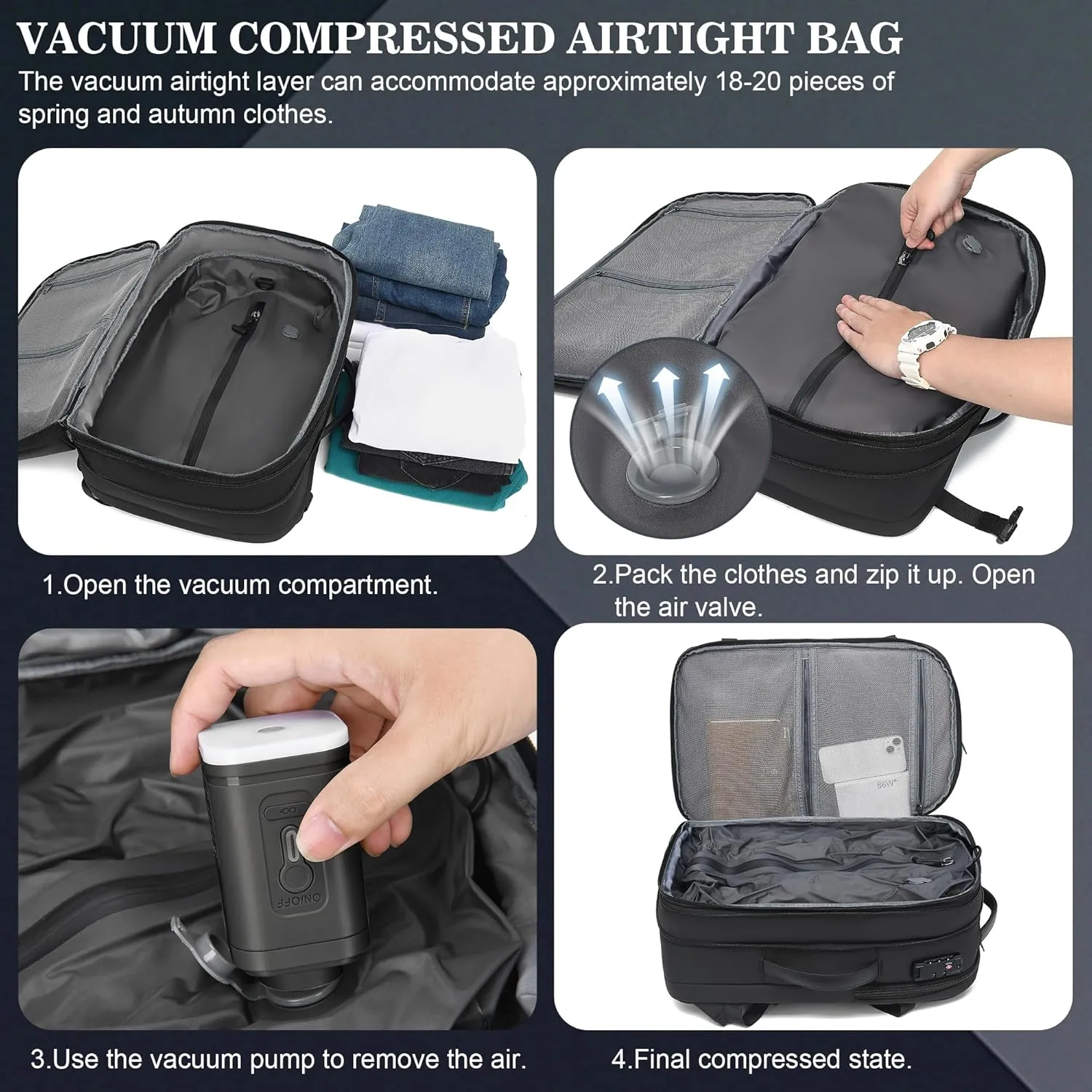 Vacuum Backpack Travel, Airback Vacuum Seal Compression Travel Backpack 60L Expandable, Spacevac Pro Laptop Backpack Water Resistant TSA Lock Carry On Backpack with Vacuum Pump, Black