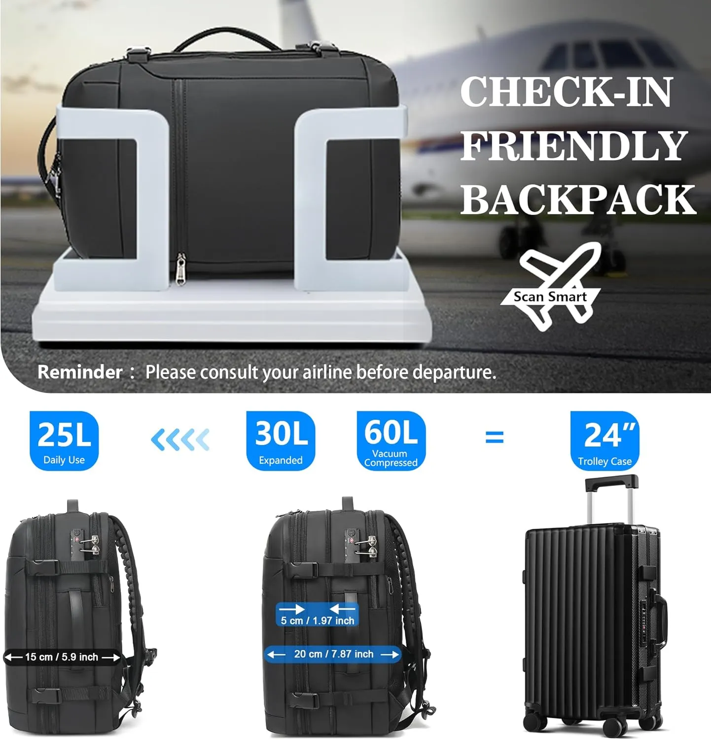 Vacuum Backpack Travel, Airback Vacuum Seal Compression Travel Backpack 60L Expandable, Spacevac Pro Laptop Backpack Water Resistant TSA Lock Carry On Backpack with Vacuum Pump, Black