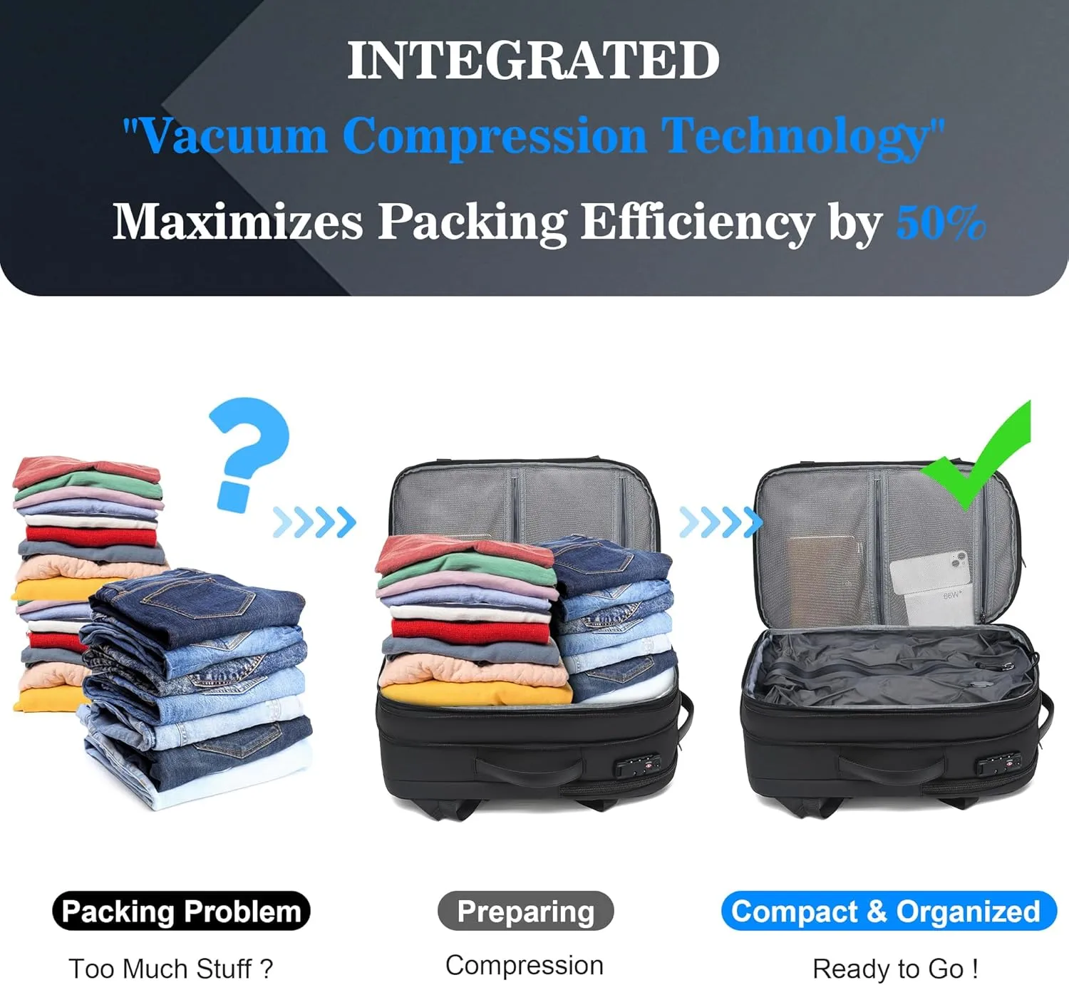 Vacuum Backpack Travel, Airback Vacuum Seal Compression Travel Backpack 60L Expandable, Spacevac Pro Laptop Backpack Water Resistant TSA Lock Carry On Backpack with Vacuum Pump, Black