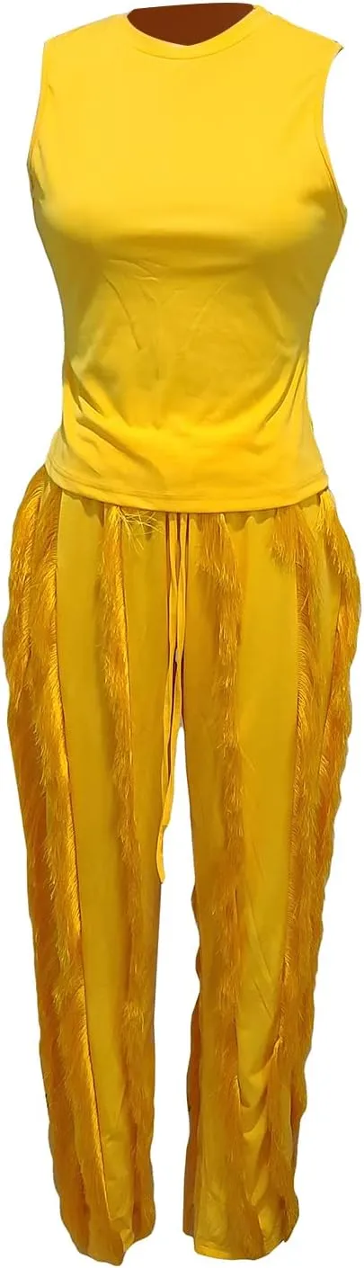 Vakkest Women's 2 Piece Outfits Sleeveless Tanks Top High Waist Fringe Long Pants Casual Tassels Bodycon Yoga Pants