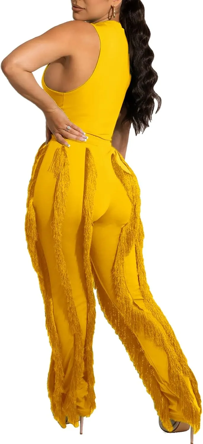 Vakkest Women's 2 Piece Outfits Sleeveless Tanks Top High Waist Fringe Long Pants Casual Tassels Bodycon Yoga Pants