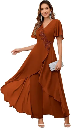VCCICANY 2 Pieces Chiffon Mother of The Bride Pant Suits for Wedding Beaded Formal Pant Suit for Women with Sleeves