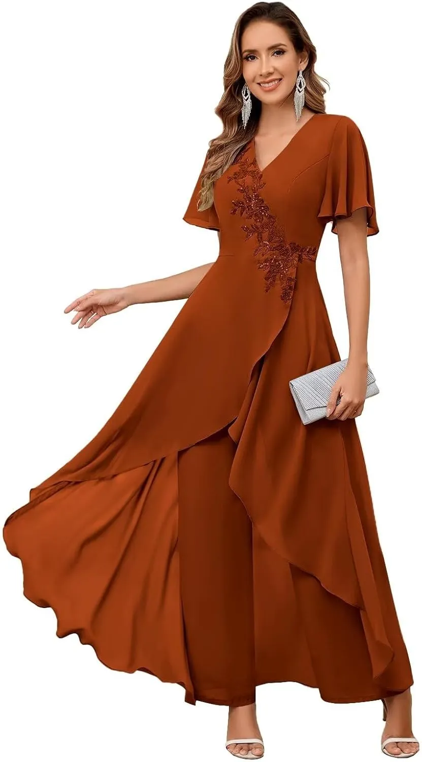 VCCICANY 2 Pieces Chiffon Mother of The Bride Pant Suits for Wedding Beaded Formal Pant Suit for Women with Sleeves