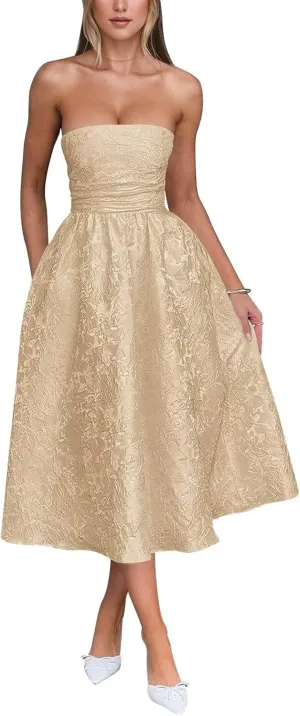 Verngo Satin Floral Jacquard Prom Dress for Women Strapless Corset Tea Length Formal Cocktail Evening Gowns