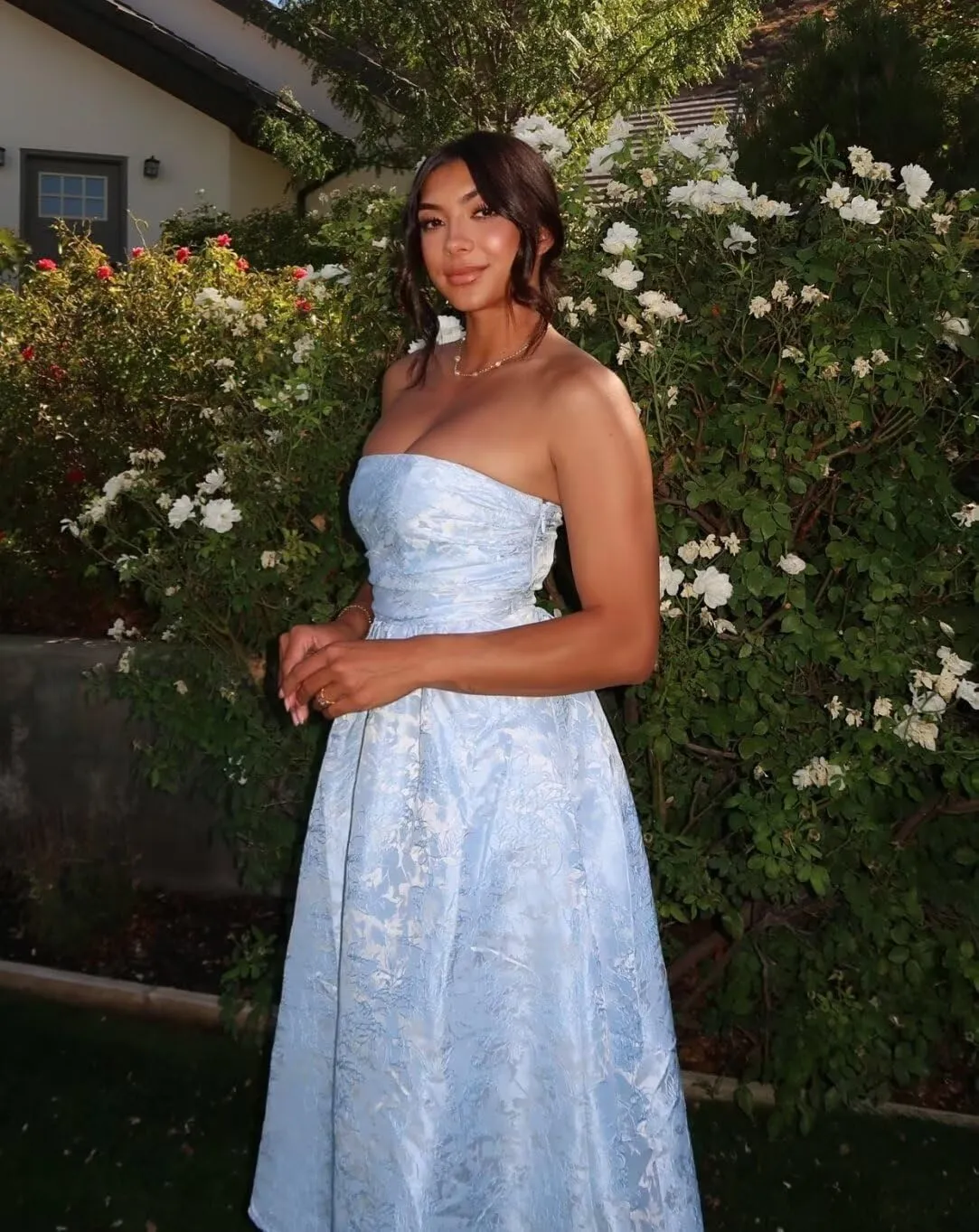 Verngo Satin Floral Jacquard Prom Dress for Women Strapless Corset Tea Length Formal Cocktail Evening Gowns