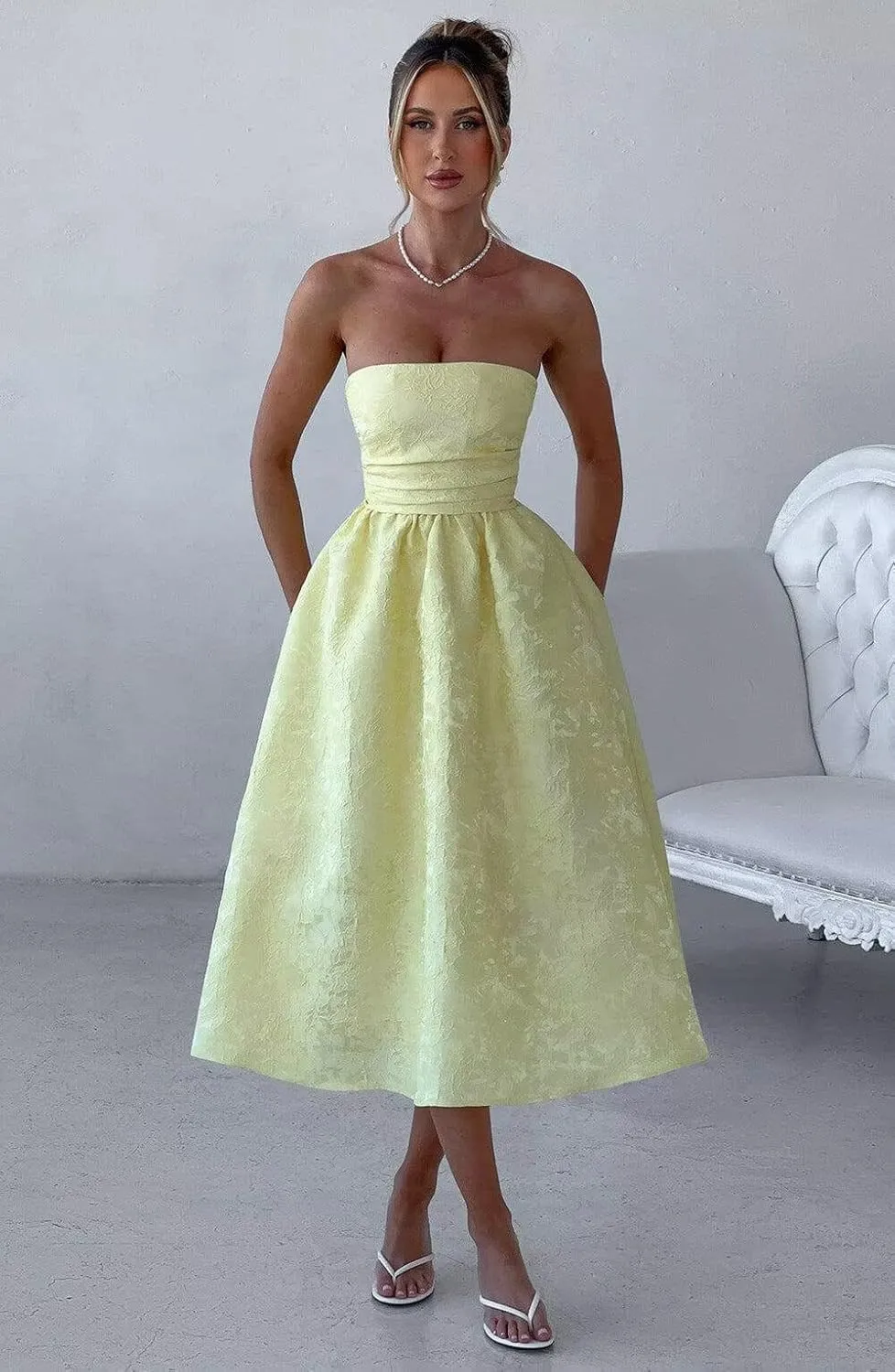 Verngo Satin Floral Jacquard Prom Dress for Women Strapless Corset Tea Length Formal Cocktail Evening Gowns