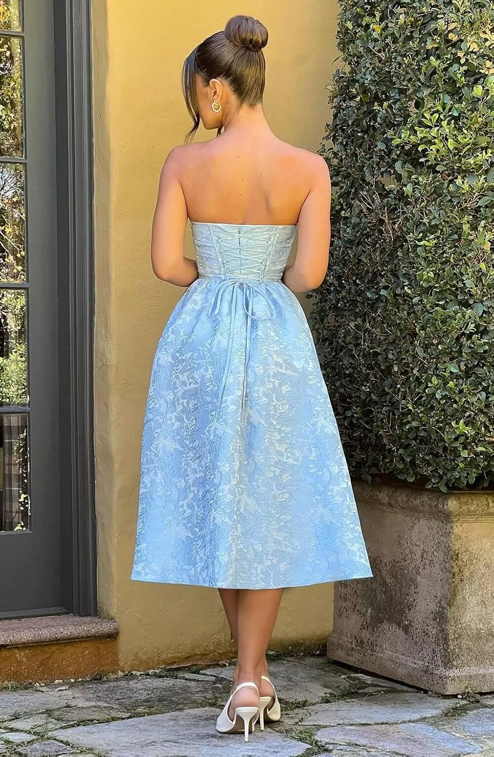 Verngo Satin Floral Jacquard Prom Dress for Women Strapless Corset Tea Length Formal Cocktail Evening Gowns