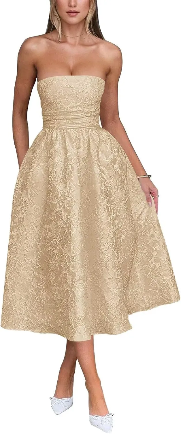 Verngo Satin Floral Jacquard Prom Dress for Women Strapless Corset Tea Length Formal Cocktail Evening Gowns