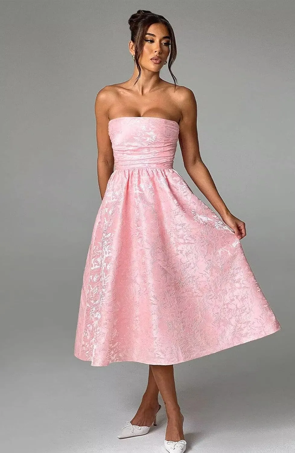 Verngo Satin Floral Jacquard Prom Dress for Women Strapless Corset Tea Length Formal Cocktail Evening Gowns